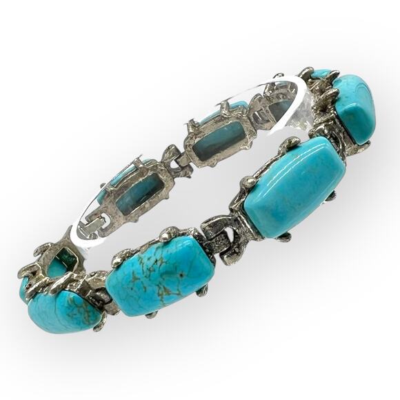 Burnished Silver Bracelet Turquoise Rectangular Semi Precious Stone Howlite - Picture 1 of 10